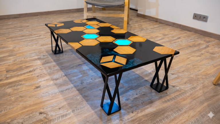 Table basse acier et résine DIY – châssis métal noir mat fabrication maker