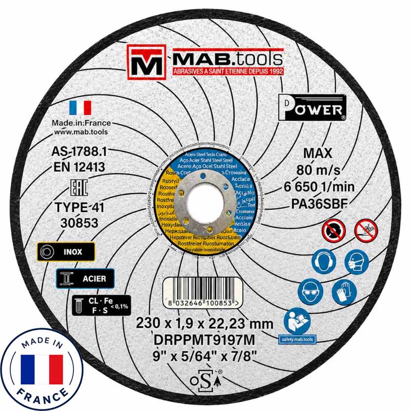 Disque à tronçonner 230×1,9mm - Acier & Inox - Fabriqué en France